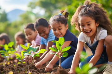 A joyful group of children enthusiastically planting young saplings in a garden setting. Expressions convey excitement and teamwork, highlighting community and environmental education.