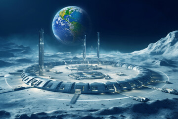 Space Station on Moon Against Blue Planet Earth