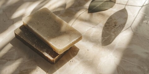 Minimalistic composition: Natural herbal beige and brown handmade soap bars on light beige close up, hard shadows. Hygiene products for Spa and skin care. Using organic handmade sopas in everyday ro