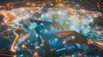 Businessman using smartphone to view reports, digital graphs, analyze market changes and investments