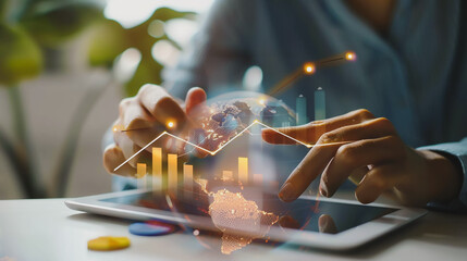 Businessman using smartphone to view reports, digital graphs, analyze market changes and investments during holidays.

