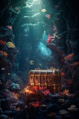 Deep sea cave with treasure chest, vibrant coral around, indirect lighting