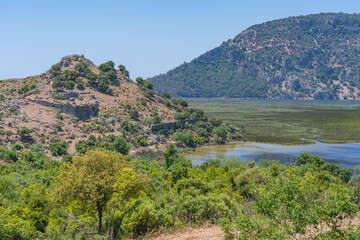 Aerial View of Ancient Kaunos Ruins from Acropolis, Turkey - Lush Green Valleys and Historical Landmarks