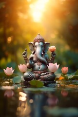 Fototapeta premium Ganesha in meditation, soft focus, tranquil lotus pond setting, dawn light