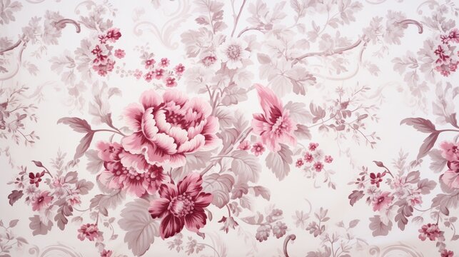 French floral toile fabric, close-up, intricate patterns, soft natural light