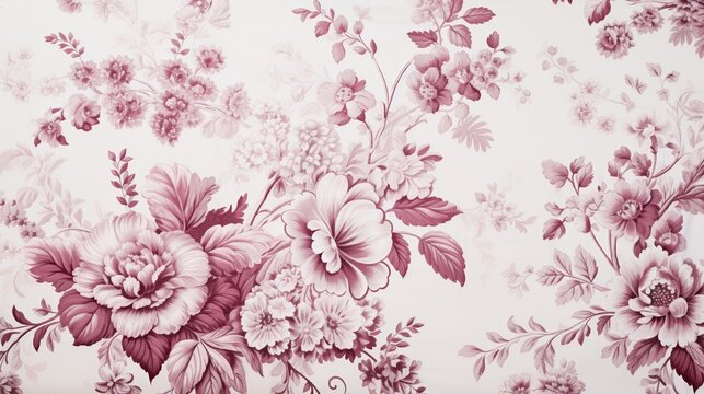 French floral toile fabric, close-up, intricate patterns, soft natural light
