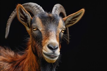 Mystic portrait of Alpine Goat, copy space on right side, Anger, Menacing, Headshot, Close-up View isolated on black background