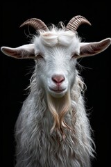 Mystic portrait of Angora Goat, copy space on right side, Anger, Menacing, Headshot, Close-up View isolated on black background