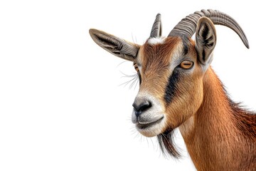 Mystic portrait of Nubian Goat, copy space on right side, Anger, Menacing, Headshot, Close-up View Isolated on white background