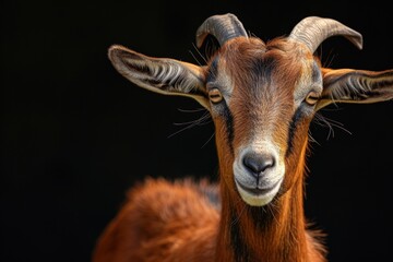 Fototapeta premium Mystic portrait of Toggenburg Goat, copy space on right side, Anger, Menacing, Headshot, Close-up View isolated on black background