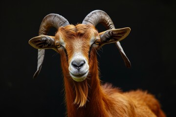 Fototapeta premium Mystic portrait of Toggenburg Goat, copy space on right side, Anger, Menacing, Headshot, Close-up View isolated on black background