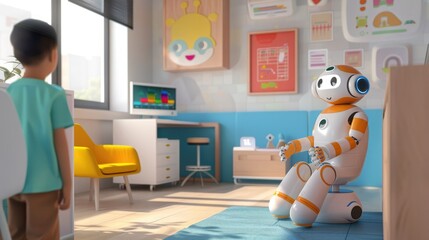 Fototapeta premium AI robot assists child with medical exam in colorful pediatric clinic, showcasing innovative healthcare technology. AI in Healthcare Innovations