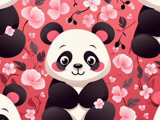Fototapeta premium Cute baby panda seamless pattern with love and heart, hand drawn flower background. vector cartoon illustration for nursery, poster, birthday greeting cards, baby shower, textile printing