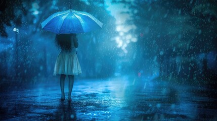 Girl in Rain. Lonely Woman with Umbrella in Stormy Weather, Feeling Sad
