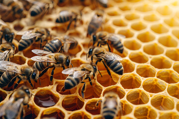 bees are being swarmed on a honeycomb