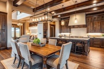Fototapeta premium Gorgeous Home. Luxury Kitchen Interior Design with Hardwood Cabinets and Pendant Lights