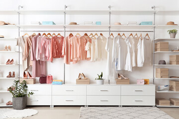 Big wardrobe with stylish clothes and accessories