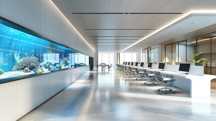 Obraz premium 3D rendering mockup of a white open space office interior featuring an aquarium-like conference room and a row of computer desks along the wall. 