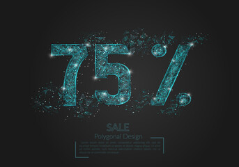 Abstract isolated blue 75 percent sale concept. Polygonal illustration looks like stars in the black night sky in space or flying glass shards. Digital design for website, web, internet.