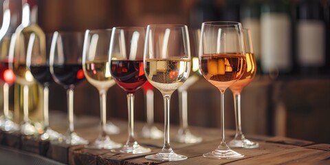 row of wine glasses filled with different wines on a table top with bottles of wine in the background
