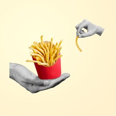 Ð¡ontemporary collage of hands holding fast food french fries