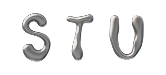 3D glossy silver capital letters S T U liquid metal surface, vector realistic chrome volume y2k font type melted steel © sabelskaya