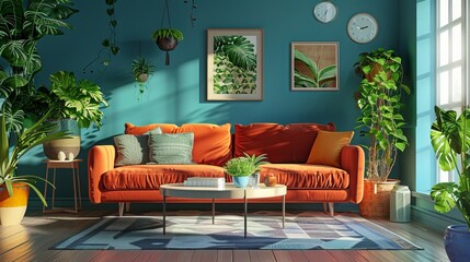 Obraz premium Bright wall mockup showcasing a boho cozy living room design. 3D render and illustration. 