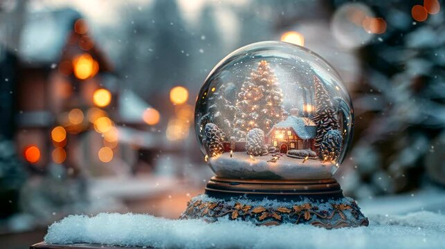 snow globe kept on white table, blurred in white snow with landscape home Christmas, christmas time, winter, snow falling. seamless looping time-lapse virtual 4k video animation