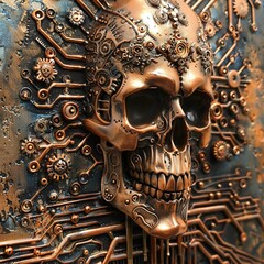 surreal relief art, abstract metallic skull design