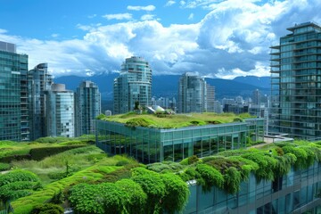Naklejka premium Green Roof City. Office Building with Green Rooftop in Vancouver Cityscape