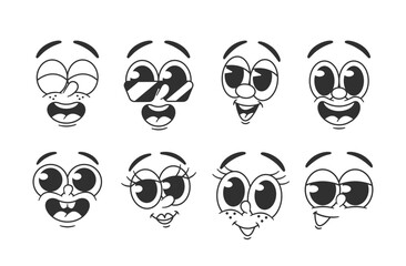 Set Of Cartoon Emoji Faces Showcasing A Variety Of Expressive Emotions. Retro-style Character Different Feelings