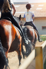 Horse riding school. Little children girls at group training equestrian lessons at outdoors ranch...