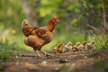 Fototapeta premium Hen With Chicks. Mother Hen Caring for Newborn Chickens While Walking Freely on Farmyard