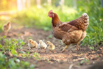 Hen With Chicks. Mother Hen Carefully Walking with Newborn Chicks in a Farmyard