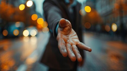 A man in a suit reaching out to someone on the street, AI - Powered by Adobe