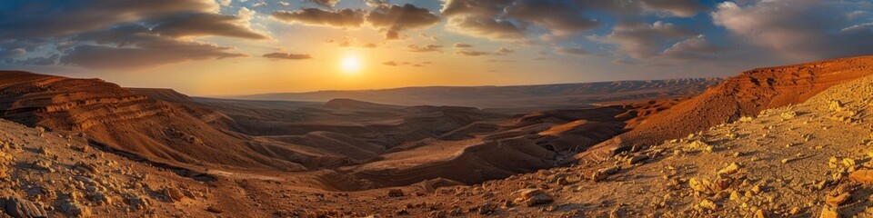 Israel Desert. Majestic Sunset Over Negev Canyon Landscape in Bright Daylight