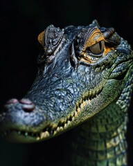 Fototapeta premium Mystic portrait of Gharial, copy space on right side, Anger, Menacing, Headshot, Close-up View Isolated on black background