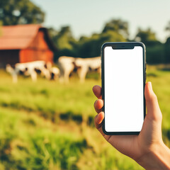 mockup phone copy space in hand with blurred cattle dairy cow farm pasture in background