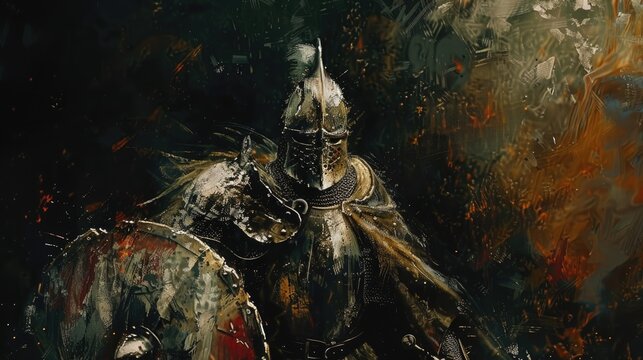 Knight Warrior. Dark and Antique Medieval Warrior in Armor with Shield and Sword