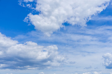 A wide shot capturing fluffy white cumulus clouds floating against a bright blue sky.