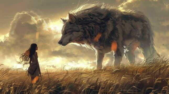 Courageous woman standing alongside a massive wolf on a golden grassland under the radiant sun
 Seamless looping 4k time-lapse virtual video animation background. Generated AI