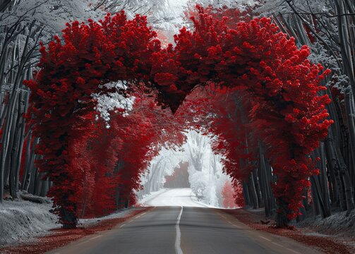 A straight line along which carmi trees grow, forming a heart-shaped arch.