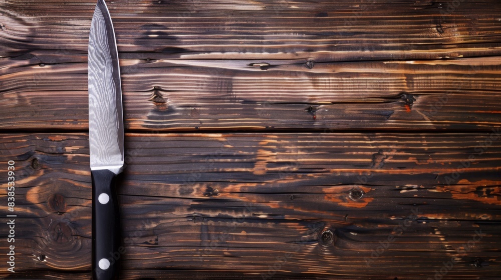 Poster A knife on a wooden table with the handle facing up, AI