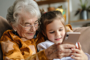 Grandmother with cute girl scrolling on smartphone, girl teaching senior woman to work with technology, internet. Portrait of elderly woman spending time with granddaughter.