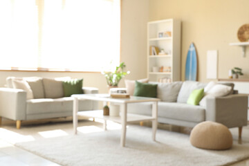 Interior of modern stylish room with surfboard and sofas