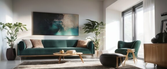 Stylish modern living room with a deep green sofa, wooden furniture, and large windows allowing ample natural light.