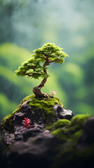 A small tree grows on a mossy rock