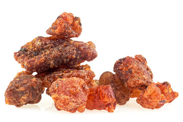 Pile of natural frankincense Olibanum. Frankincense resin isolated on a white background, Incense.