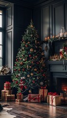 Fototapeta premium New Year's modern interior, with a large Christmas tree, fireplace, large sofa and panoramic window