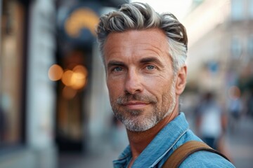 Fototapeta premium Male 40 in the City: Closeup of Attractive Middle-Aged Caucasian Man in Casual Blue Attire